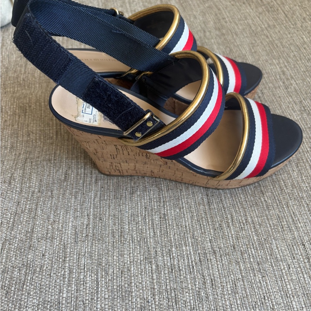 Tommy Hilfiger Navy, White & Red Striped Slingback Sandals with Gold Trim - Picture 2 of 5